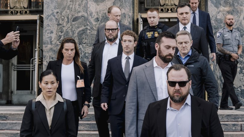  Mark Zuckerberg, center, Meta’s chief executive, departs after testifying in a tech addiction trial at California Superior Court of Los Angeles County.