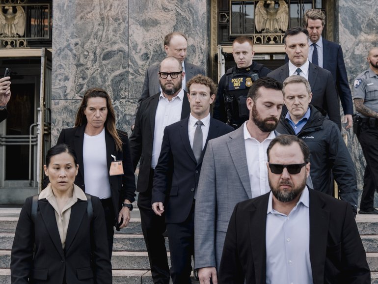  Mark Zuckerberg, center, Meta’s chief executive, departs after testifying in a tech addiction trial at California Superior Court of Los Angeles County.