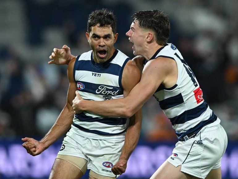 Jack Martin (l) led the way with three goals as Geelong edged out Adelaide. 