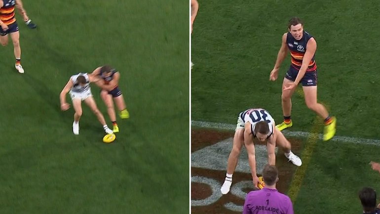 Tom Atkins kicked the ball out of bounds but avoided giving away the free kick after an incorrect call by the umpires.