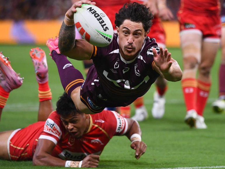 Kotoni Staggs bagged a try double for Brisbane in their derby win over the Dolphins.