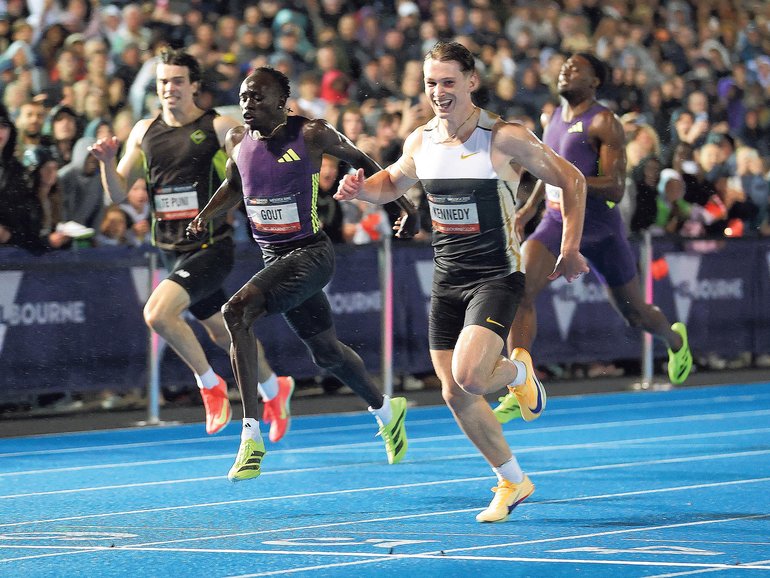 MELBOURNE, AUSTRALIA - MARCH 28: Lachlan Kennedy and Gout Gout compete in the Men's 200m during the 2026 Maurie Plant Meet at Lakeside Stadium on March 28, 2026 in Melbourne, Australia. (Photo by Kelly Defina/Getty Images) Kelly Defina