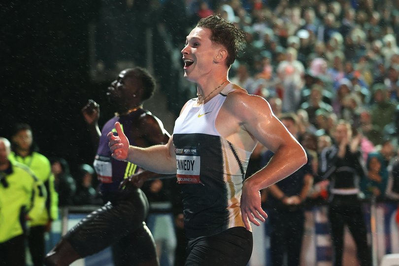 MELBOURNE, AUSTRALIA - MARCH 28: Lachlan Kennedy wins the Men's 200m during the 2026 Maurie Plant Meet at Lakeside Stadium on March 28, 2026 in Melbourne, Australia. (Photo by Kelly Defina/Getty Images) Picture: Kelly Defina