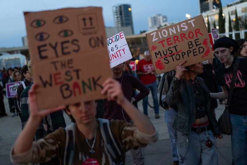 TEL AVIV, ISRAEL - MARCH 28: Anti-war protestors gather in Habima Square on March 28, 2026 in Tel Aviv, Israel.