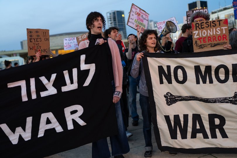 Anti-war protestors gather in Habima Square on March 28, 2026 in Tel Aviv, Israel.