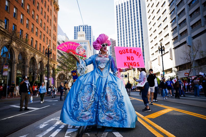 Drag queen Dirty Carol joins the third No Kings Day event at Embarcadero Plaza before marching to Civic Center Plaza for a 2pm rally in San Francisco on Saturday, March 28, 2026. (Photo by Yalonda M. James/San Francisco Chronicle via Getty Images)