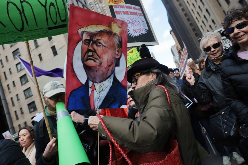 Thousands of people participate in a 'No Kings' protest in Manhattan on March 28, 2026 in New York City. (Photo by Spencer Platt/Getty Images)