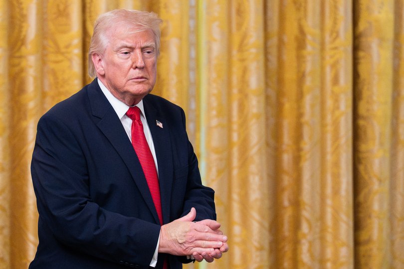 US President Donald Trump departs following a Greek Independence Day celebration in the East Room of the White House in Washington, DC, US, on Thursday, March 26, 2026. Trump again pushed back his deadline for Iran to strike a deal with the US or face more attacks, saying talks with the country were going "very well." Photographer: Aaron Schwartz/Bloomberg
