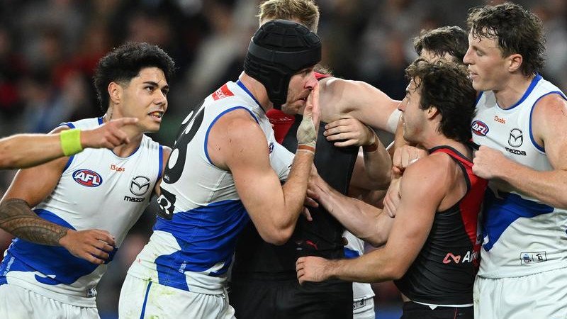 North Melbourne's Tristan Xerri (c) will front the AFL tribunal on Monday evening. (James Ross/AAP PHOTOS)