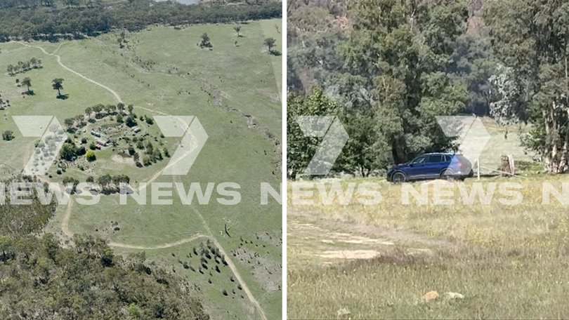 An aerial view of the rural property Freeman was living at (left) and a car at the property on Monday (right).