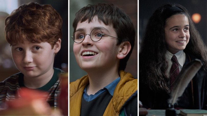Alastair Stout as Ron Weasley, Dominic McLaughlin as Harry Potter and Arabella Stanton as Hermione Granger.