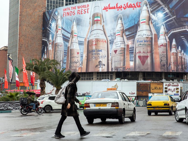 A billboard depicting Iranian missiles, and including references to Israel and Jeffrey Epstein, at Valiasr Square in Tehran in March 2026.