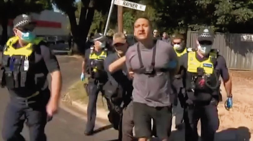 Dezi Freeman is in dramatic scenes outside the Myrtleford courthouse in December 2021.