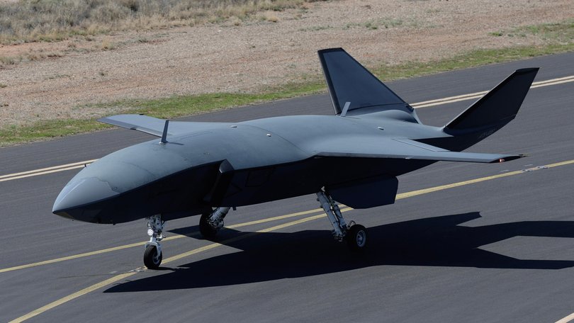 An MQ-28A Ghost Bat after a test flight at Woomera.
