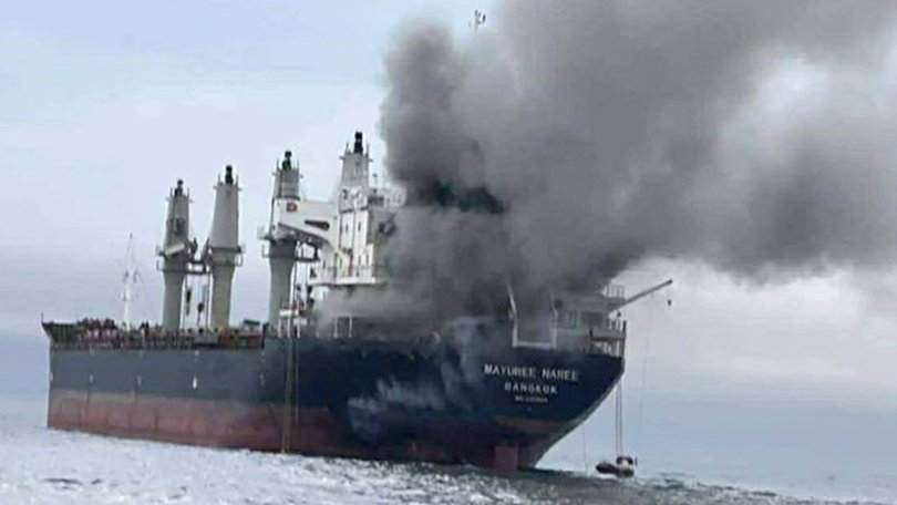 The Thai-flagged cargo ship Mayuree Naree on fire after being hit by Iranian missiles in the Strait of Hormuz on 11 March.