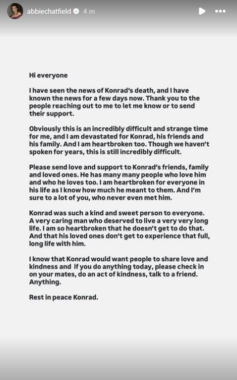 Abbie Chatfield has been left devastated after her ex-boyfriend's death.