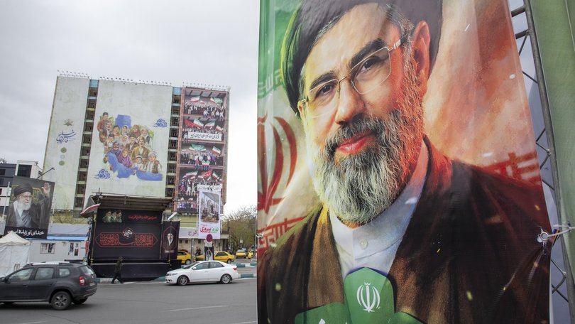 A poster features the new Supreme Leader Mojtaba Khamenei on March 28, 2026 in Tehran, Iran.