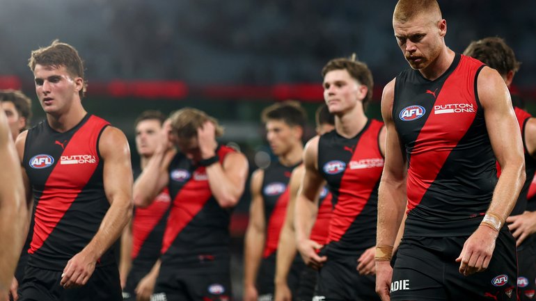MELBOURNE, AUSTRALIA - MARCH 28: Peter Wright of the Bombers looks dejected after losing the round three AFL match between Essendon Bombers and North Melbourne Kangaroos at Marvel Stadium, on March 28, 2026, in Melbourne, Australia. (Photo by Josh Chadwick/Getty Images)