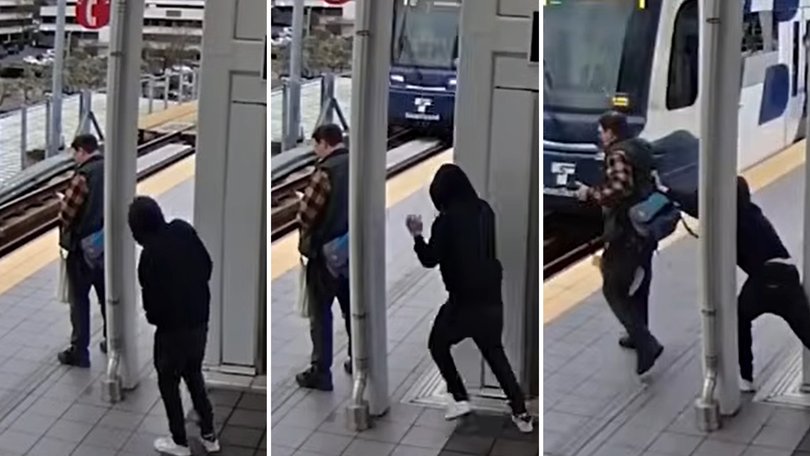 Video footage shows a horrifying encounter at a train station in Seattle.