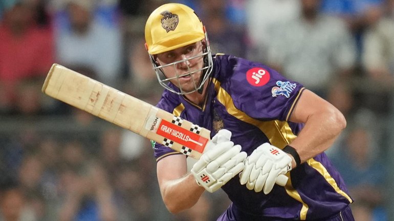 Kolkata Knight Riders' Cameron Green plays a shot during the Indian Premier League cricket match between Mumbai Indians and Kolkata Knight Riders.