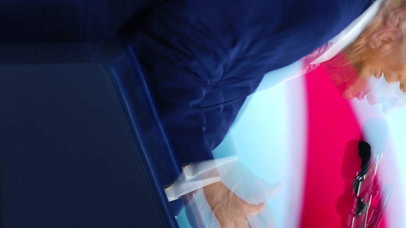 In an image seen in multiple exposure, President Donald Trump speaks at Faena Forum in Miami Beach, Fla., on Friday, March 27, 2026.