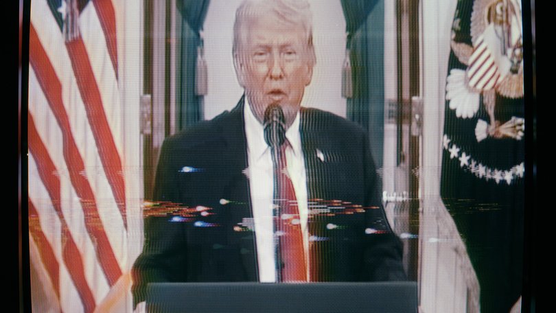 A monitor displays President Donald Trump as he delivers a message on the war in Iran in Washington, April 1, 2026. In a functioning American democracy, the president would deliver an Oval Office address at the start of a new military conflict. Donald Trump, however, decided to wait until a month into his war with Iran to give a speech about it to a skeptical public. (Jason Hendardy/The New York Times)