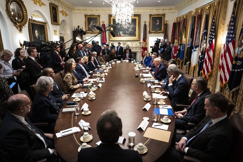 President Donald Trump speaks as he meets with his cabinet in the Cabinet Room of the White House in Washington, Jan. 29, 2026.