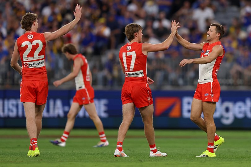 PERTH, AUSTRALIA - APRIL 04: Jake Lloyd of the Swans celebrates a goal during the round four AFL match between West Coast Eagles and Sydney Swans at Optus Stadium, on April 04, 2026, in Perth, Australia. (Photo by Janelle St Pierre/AFL Photos/via Getty Images)