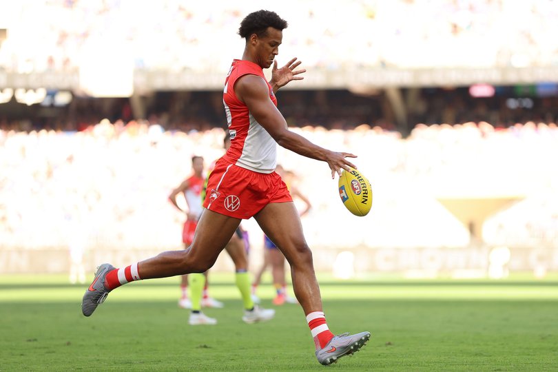 PERTH, AUSTRALIA - APRIL 04: Joel Amartey of the Swans ktb during the round four AFL match between West Coast Eagles and Sydney Swans at Optus Stadium, on April 04, 2026, in Perth, Australia. (Photo by Janelle St Pierre/AFL Photos/via Getty Images)