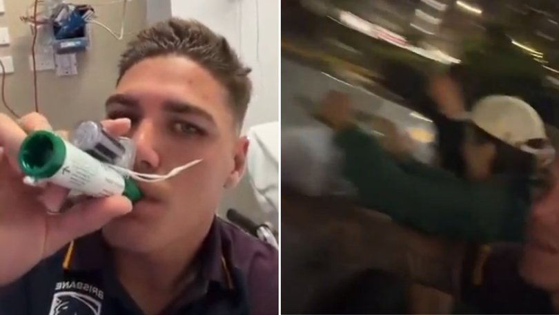 Reece Walsh filmed himself with a green whistle then again helping some strangers push-star a car.