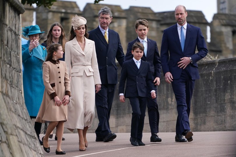 Princess Anne, Princess Royal, Princess Charlotte, Catherine, Princess of Wales, Timothy Laurence, Prince Louis, Prince George and Prince William, Prince of Wales.
