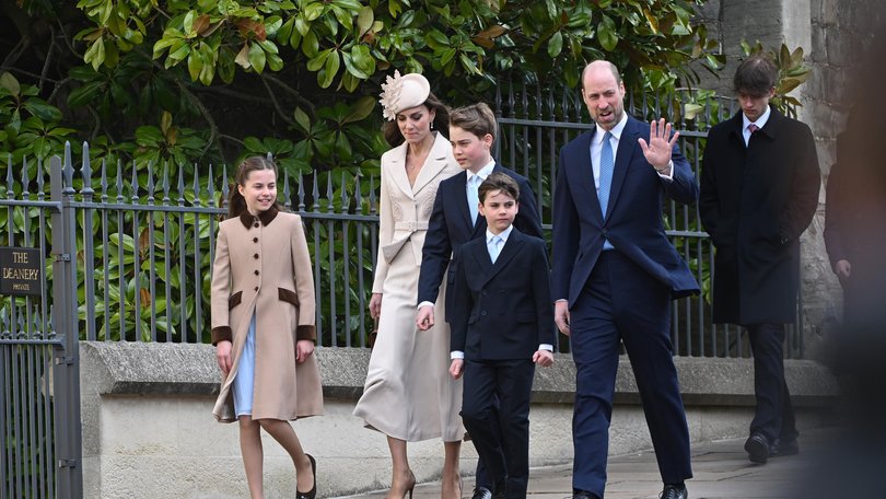 (L-R) Princess Charlotte of Wales, Catherine, Princess of Wales, Prince George of Wales, Prince Louis of Wales and Prince William, Prince of Wales attend the 2026 Easter Matins Service at St George's Chapel.