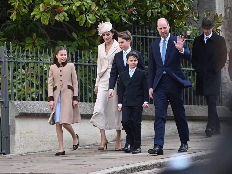 (L-R) Princess Charlotte of Wales, Catherine, Princess of Wales, Prince George of Wales, Prince Louis of Wales and Prince William, Prince of Wales attend the 2026 Easter Matins Service at St George's Chapel.