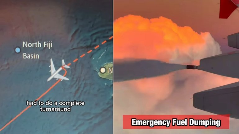 Travellers witnessed a rare mid-air fuel dump as a Qantas flight was forced to abandon its journey and head home.