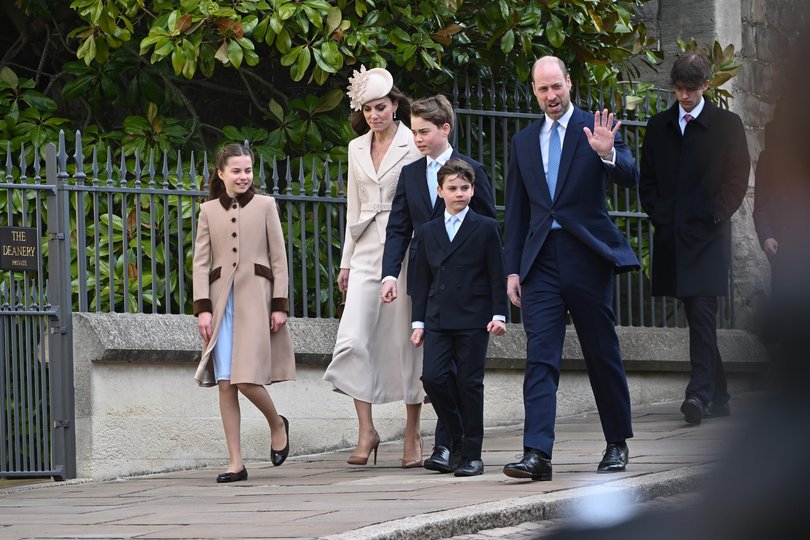 (L-R) Princess Charlotte of Wales, Catherine, Princess of Wales, Prince George of Wales, Prince Louis of Wales and Prince William, Prince of Wales, attend the 2026 Easter Matins Service at St George's Chapel.