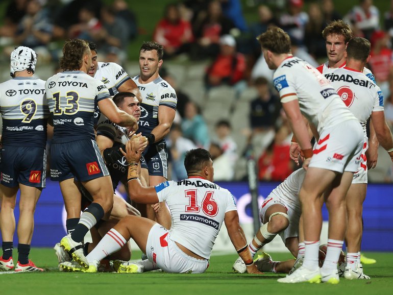 SYDNEY, AUSTRALIA - APRIL 04: Jake Clifford of the Cowboys celebrates scoring a try during the round five NRL match between St George Illawarra Dragons and North Queensland Cowboys at UOW Jubilee Oval, on April 04, 2026, in Sydney, Australia. (Photo by Mark Metcalfe/Getty Images)