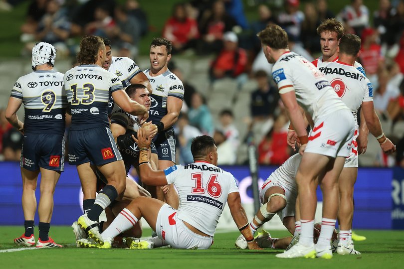 SYDNEY, AUSTRALIA - APRIL 04: Jake Clifford of the Cowboys celebrates scoring a try during the round five NRL match between St George Illawarra Dragons and North Queensland Cowboys at UOW Jubilee Oval, on April 04, 2026, in Sydney, Australia. (Photo by Mark Metcalfe/Getty Images)