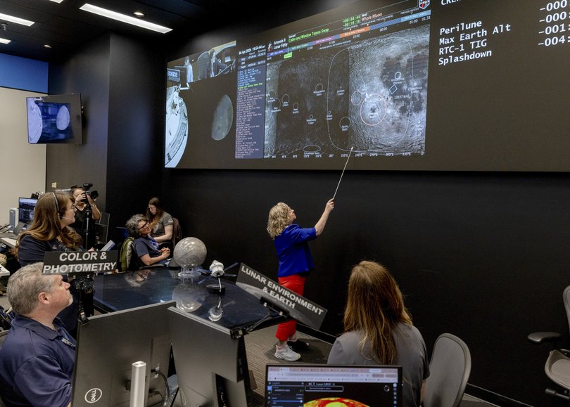 Pointing to the Orientale Basin on the moon at the Science Evaluation Room during the Artemis II mission at Johnson Space Centre in Houston, Texas, on Monday, April 6, 2026.