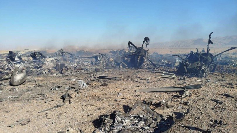 Wreckage is seen from what Iranian authorities say is a U.S. military helicopter that crashed during a mission to rescue the missing American pilot.