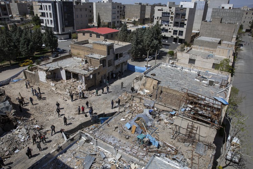 Destroyed residential buildings after a neighbourhood was targeted by airstrikes in Karaj, Iran, on Friday, April 3, 2026. 