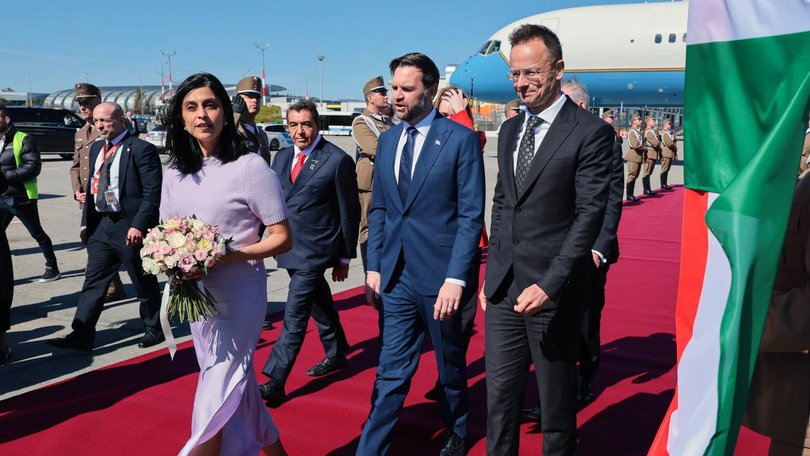 Vice-President JD Vance and wife Usha were greeted by Hungarian Foreign Minister Peter Szijjarto. (AP PHOTO)