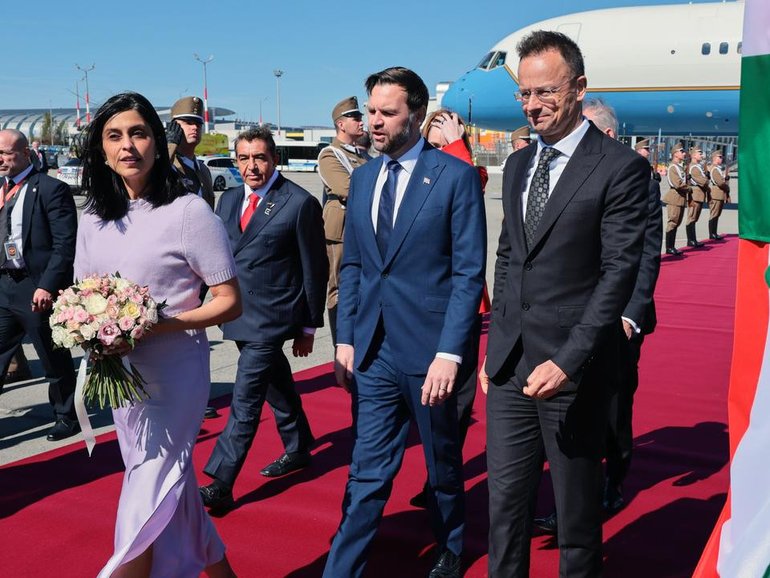 Vice-President JD Vance and wife Usha were greeted by Hungarian Foreign Minister Peter Szijjarto. (AP PHOTO)