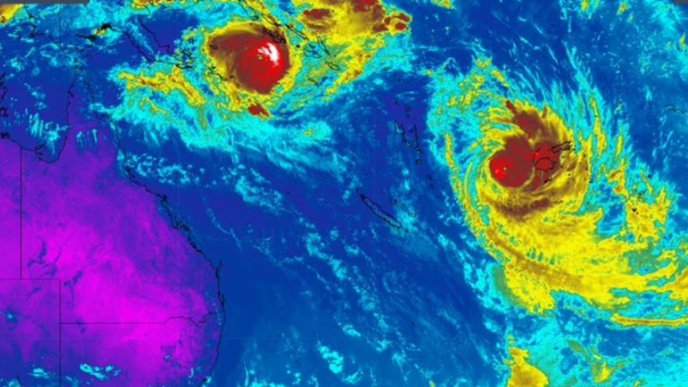 Twin category three Tropical Cyclones Vaianu and Maila are looming off the coast of Australia.