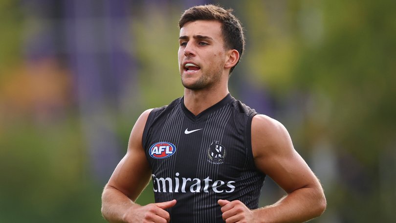 MELBOURNE, AUSTRALIA - APRIL 08: Nick Daicos of the Magpies runs during a Collingwood Magpies AFL training session at Olympic Park Oval on April 08, 2026 in Melbourne, Australia. (Photo by Morgan Hancock/Getty Images)