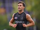 MELBOURNE, AUSTRALIA - APRIL 08: Nick Daicos of the Magpies runs during a Collingwood Magpies AFL training session at Olympic Park Oval on April 08, 2026 in Melbourne, Australia. (Photo by Morgan Hancock/Getty Images)