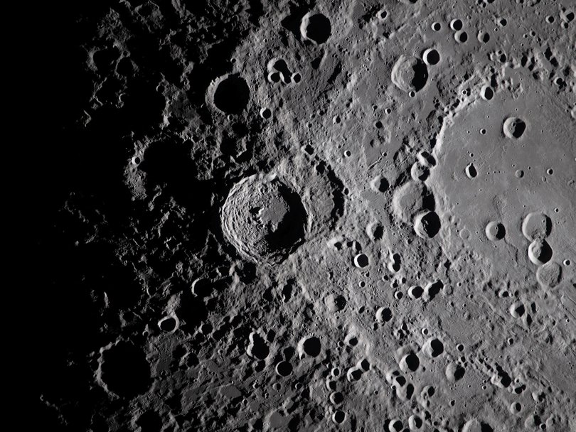 The Vavilov Crater, center, and the older and larger Hertzsprung Basin, right, on the far side of the Moon.