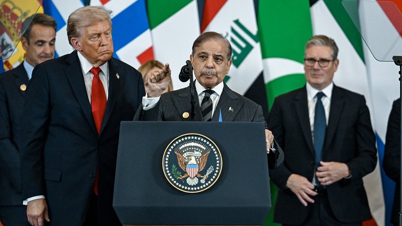 Donald Trump listens as Prime Minister Shehbaz Sharif of Pakistan speaks during a peace summit in Egypt last year.