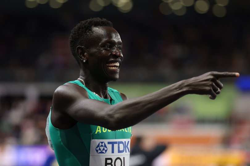 Peter Bol celebrates after winning the Men's 800 Metres Semi-Final during day two of the World Athletics Indoor Championships.