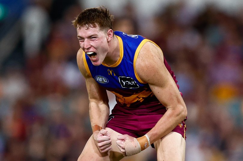 BRISBANE, AUSTRALIA - APRIL 02: Logan Morris of the Lions celebrates a goal during the 2026 AFL Round 04 match between the Brisbane Lions and the Collingwood Magpies at the Gabba on April 2, 2026 in Brisbane, Australia. (Photo by Russell Freeman/AFL Photos via Getty Images) Picture: Russell Freeman/AFL Photos