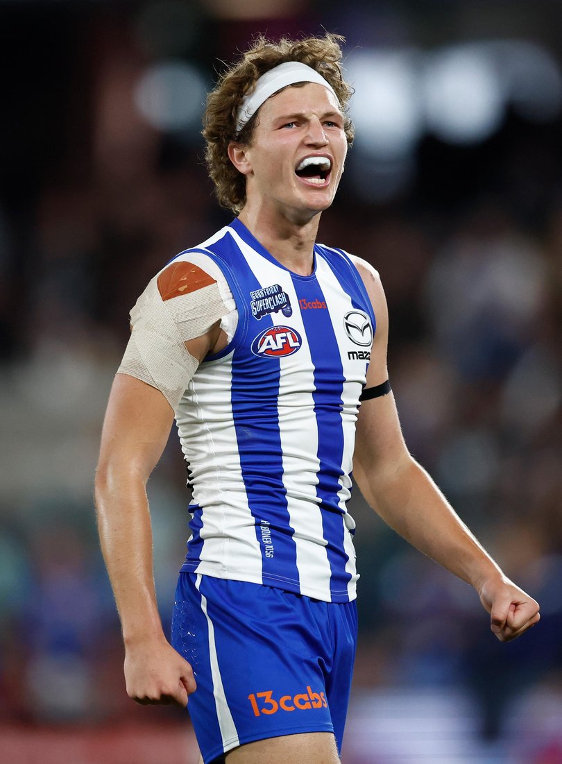 MELBOURNE, AUSTRALIA - APRIL 03: Zane Duursma of the Kangaroos celebrates during the 2026 AFL Round 04 match between the North Melbourne Kangaroos and the Carlton Blues at Marvel Stadium on April 3, 2026 in Melbourne, Australia. (Photo by Michael Willson/AFL Photos via Getty Images) Picture: Michael Willson/AFL Photos